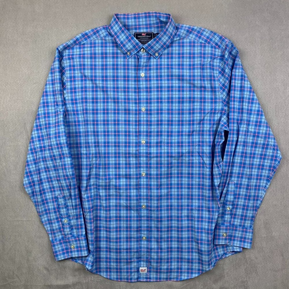 Vineyard Vines Mens Shirt XL Blue Plaid Performance Button Up Long Sleeve Nylon